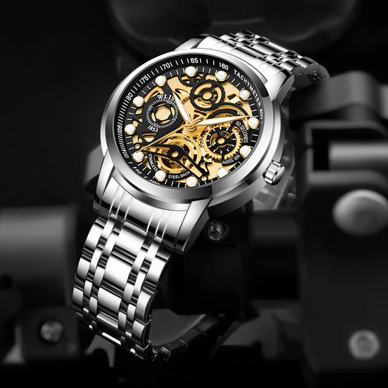 Mechanical Mens Watches Skeleton Hollow Stainless Steel Waterproof Luminous Watches for Man Luxury reloj hombre masculino