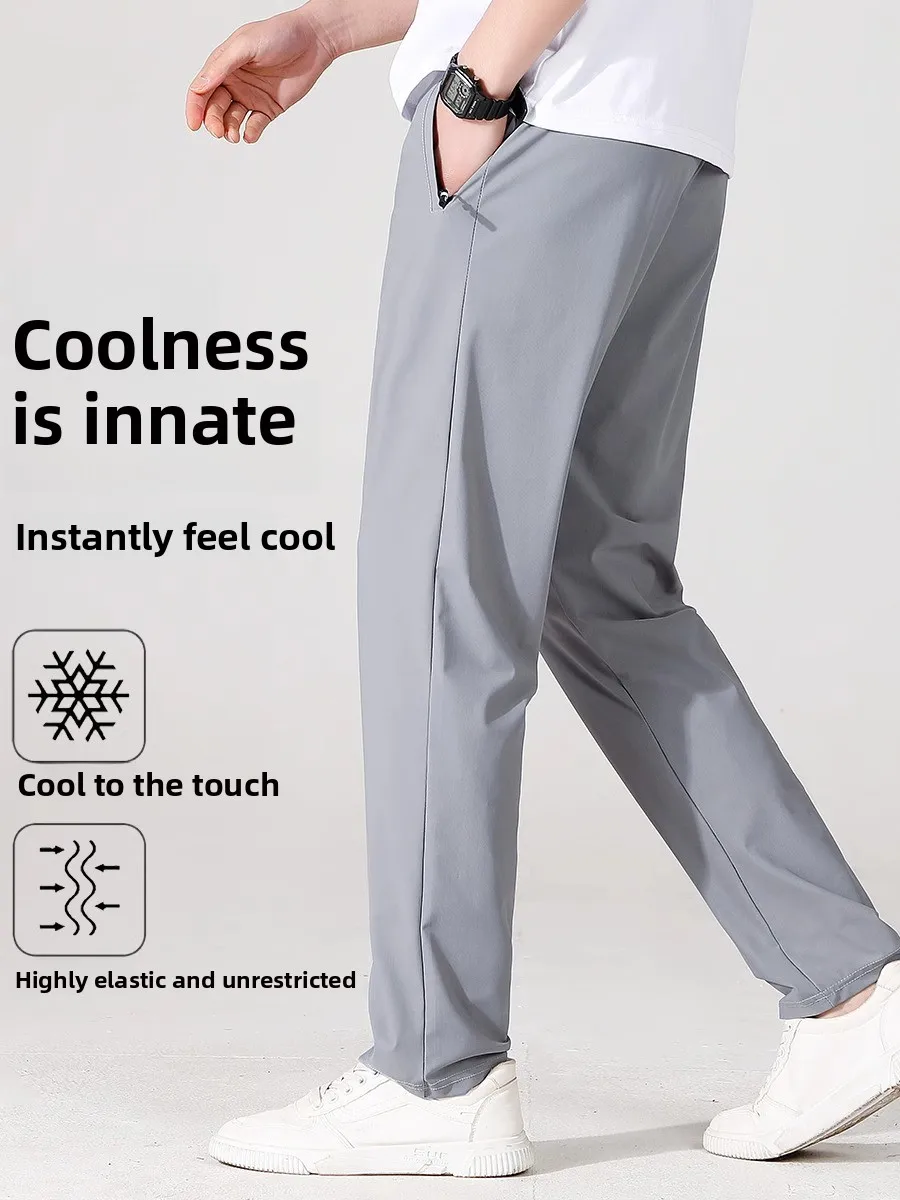 

Ice Silk High Elastic Men's Casual Pants Summer Thin Straight Leg Elastic Cool Qui Dry Sport Long Trousers Loose Fit Faio...