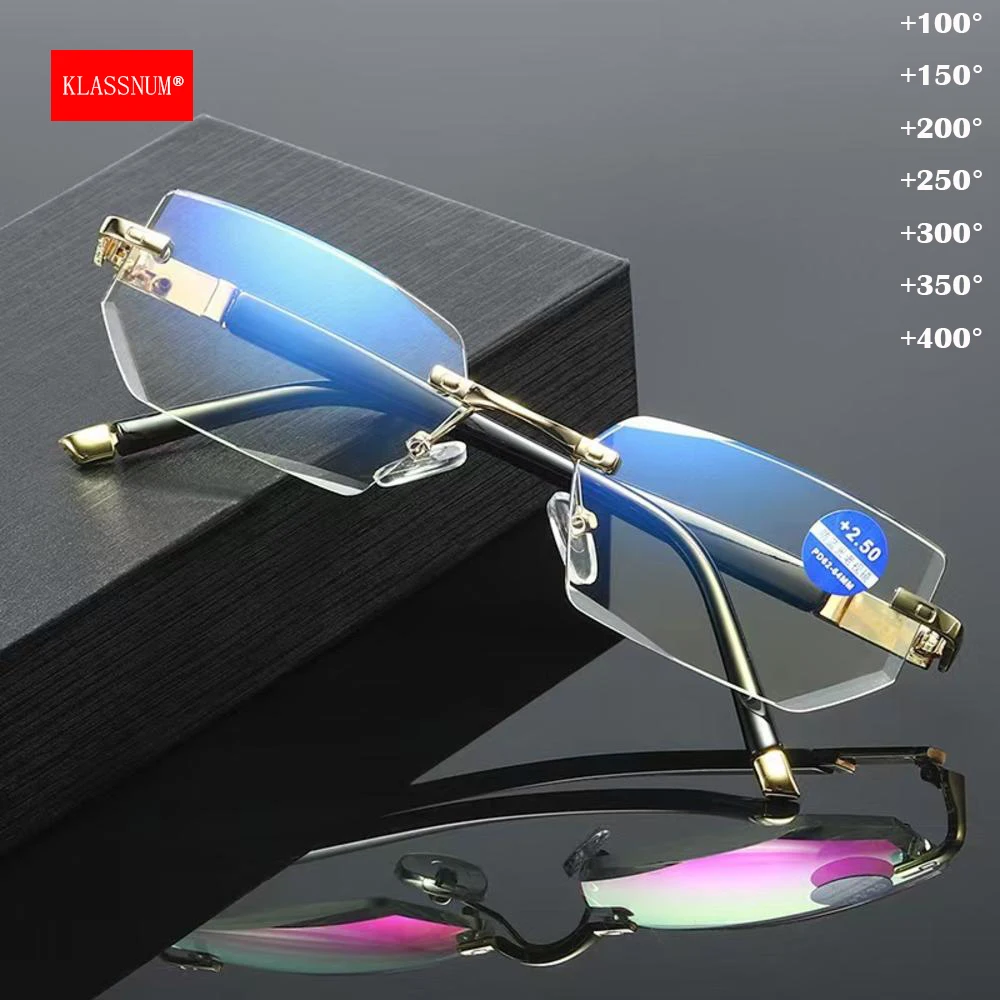 KLASSNUM Men Magnifing Reading Glasses Rimless Cut Edge Lens Presbyopic Glasses Anti Blue Light Presbyopia Clear Lens Glasses +
