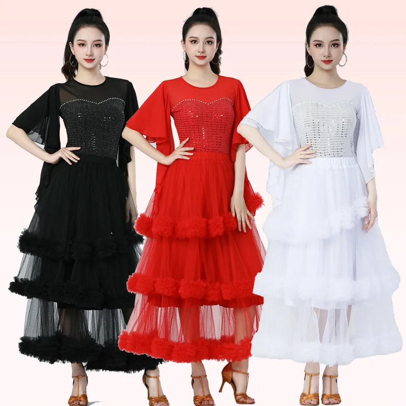 square-dance-costume-women's-new-style-half-sleeve-gored-skirt-dancewear-with-lace-hemline-mesh-paneling-for-perform