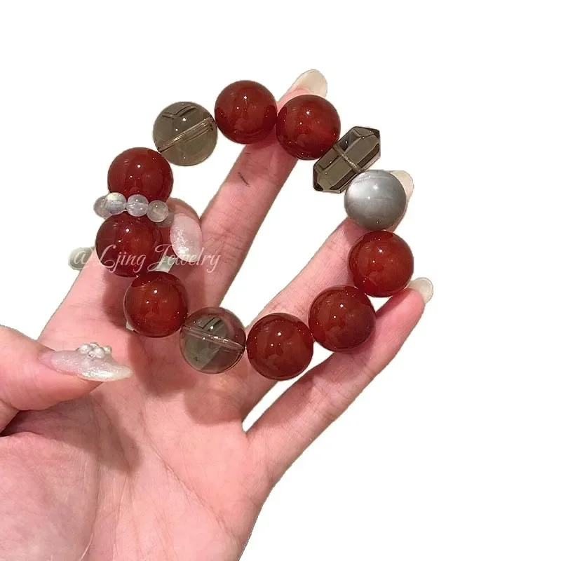 Natural tea crystal silver obsidian red agate crystal bracelet, large point beaded jewelry, women's red New Year's bracelet