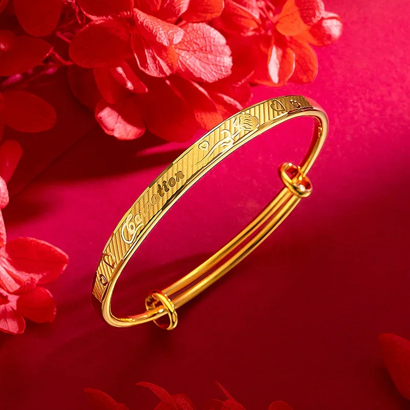 Women's 9999 24K Real Gold Carnation Flower Carving Adjustable Bracelet Mom Gift Bangle Fine Jewelry