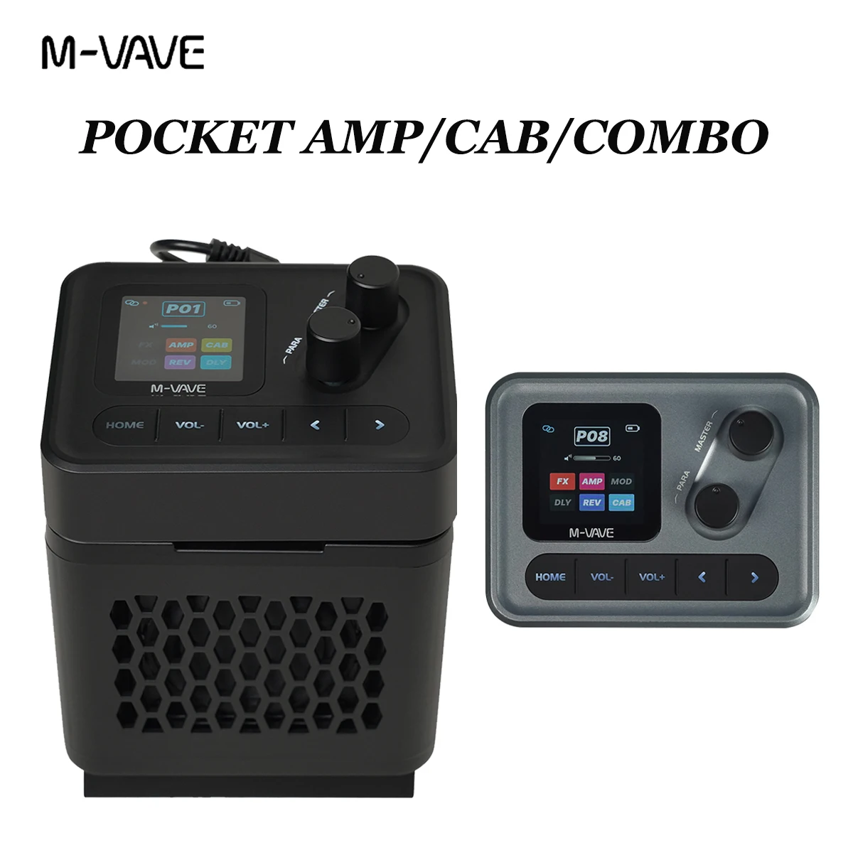 M-VAVE POCKET AMP/CAB/COMBO Portable Guitar Rig – Multi-Effects + Speaker, 7h Battery, 80 Presets, 20 IRs, Black/Gray