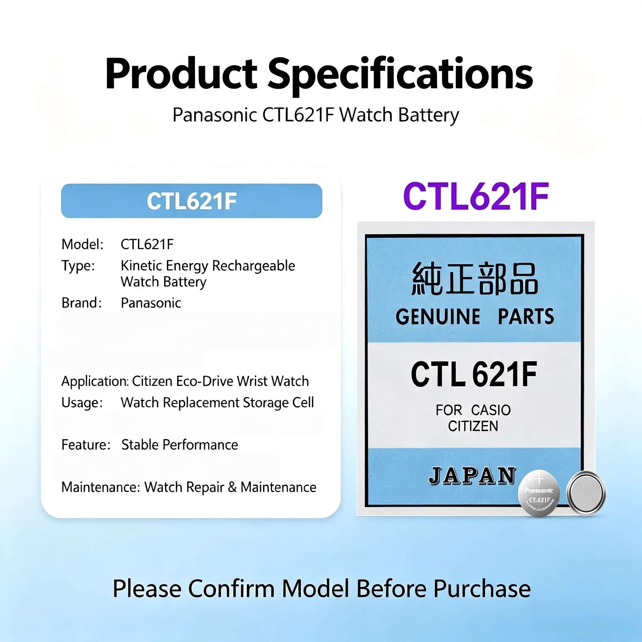 Panasonic CTL621F Kinetic Energy Rechargeable Watch Battery Replacement Storage Cell For Citizen Eco‑Drive Wrist Watch
