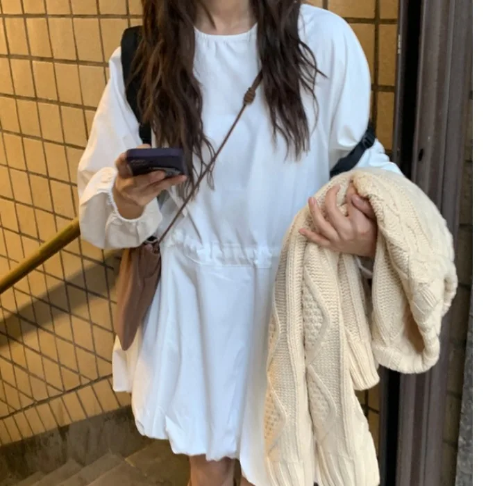 Witte ort rok dames lange Sve taille cinching afslankende basislaag Dr Koreaanse Sle lente zoet eenvoudig jeugdig