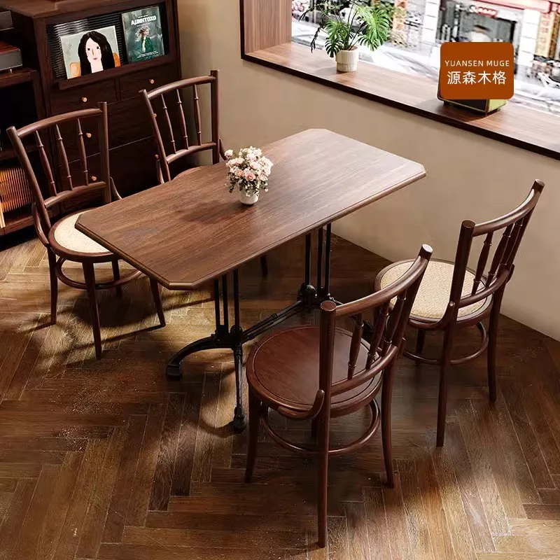 

American retro cafe solid wood and chair combination cafe milk tea shop dessert baking commercial restaurant square table