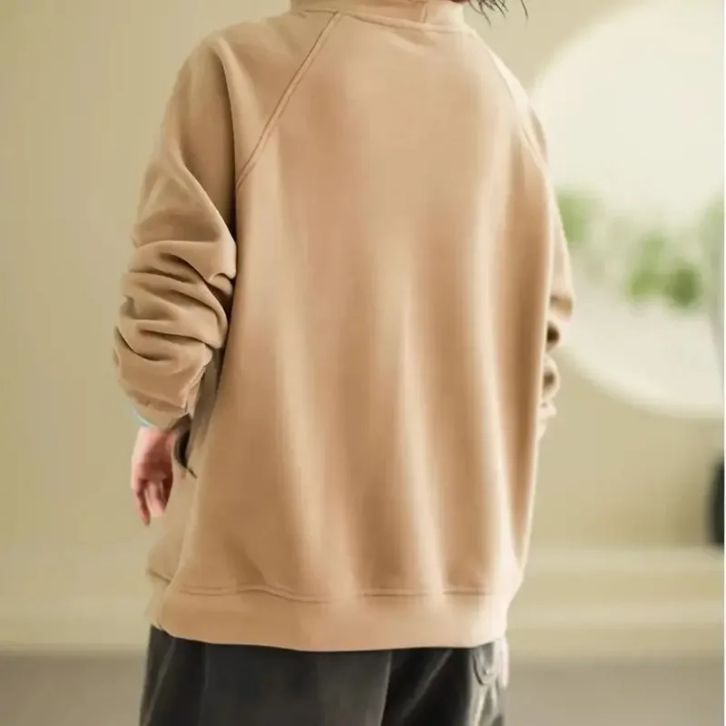 Sudadera térmica cálida para mujer, Top informal de manga larga con botones y cuello medio alto de terciopelo y poliéster