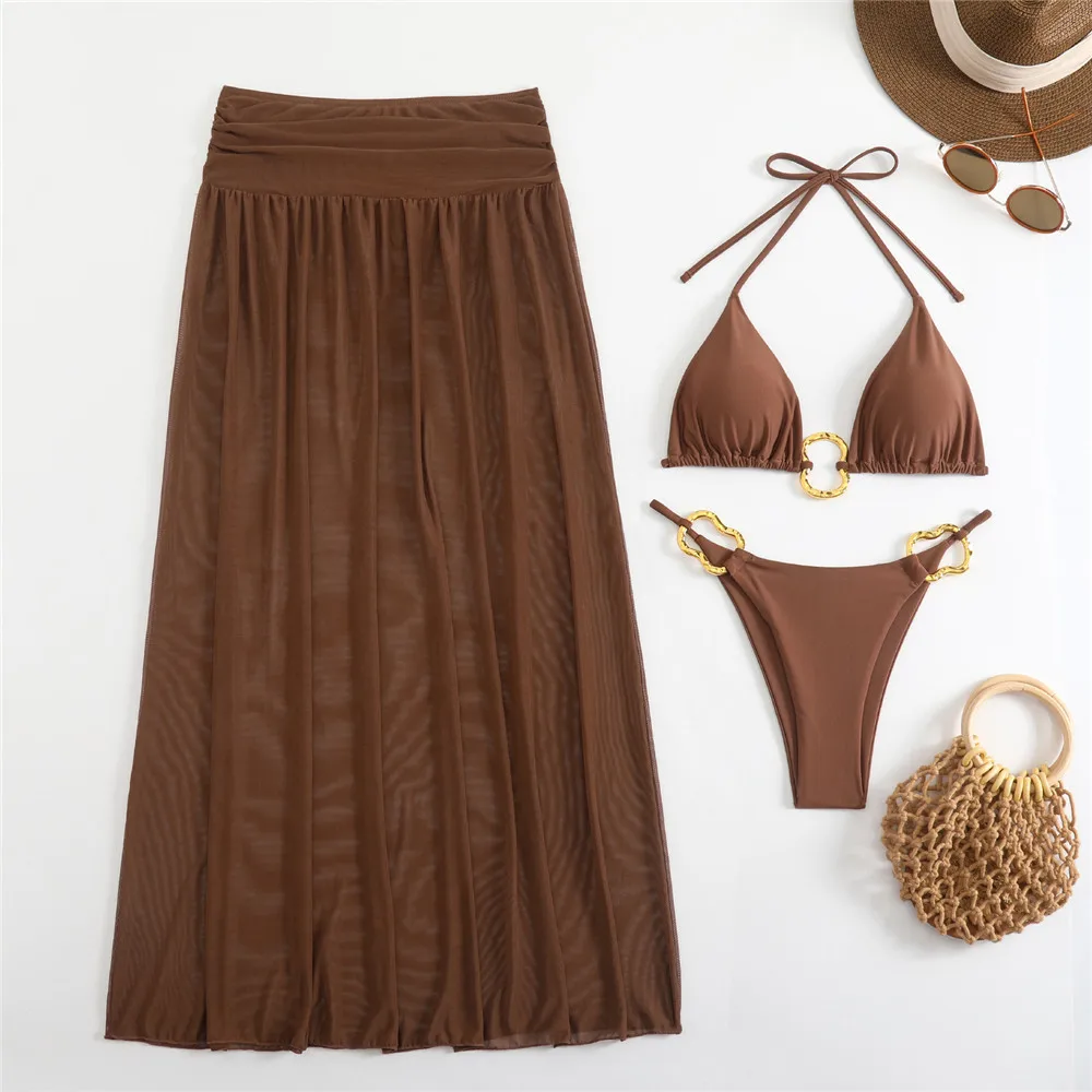 Metal Ring Black Halter Triangle Bikinis Sets 3 Pieces Mesh Skirts Cover Up 2025 Holiday Swimwear Sexy Swimsuit Women Beach Wear