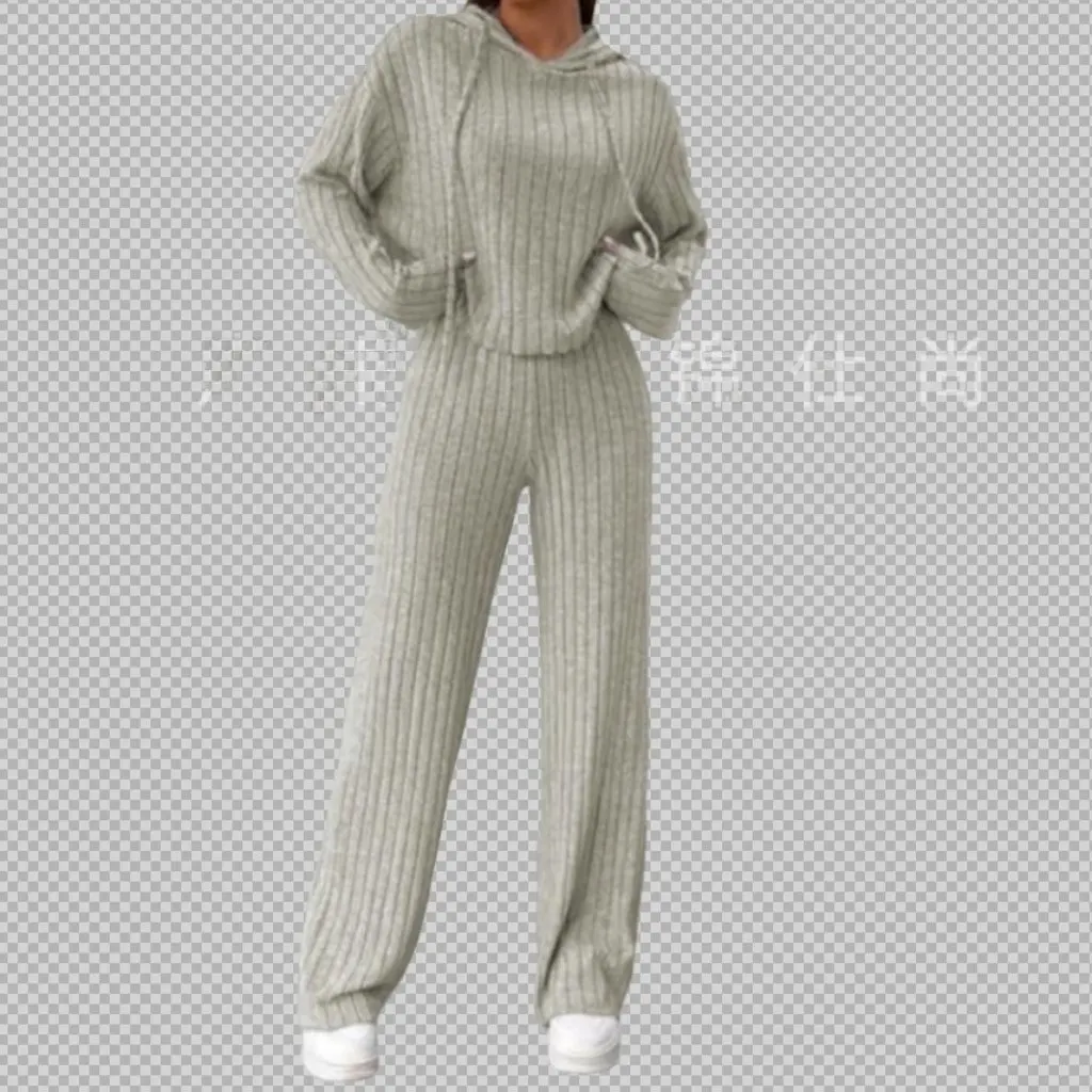 

Women's Spring Autumn Casual Knitted Hooded Striped Sweater Long Sleeve Loose Fit European American Style Outerwear Set