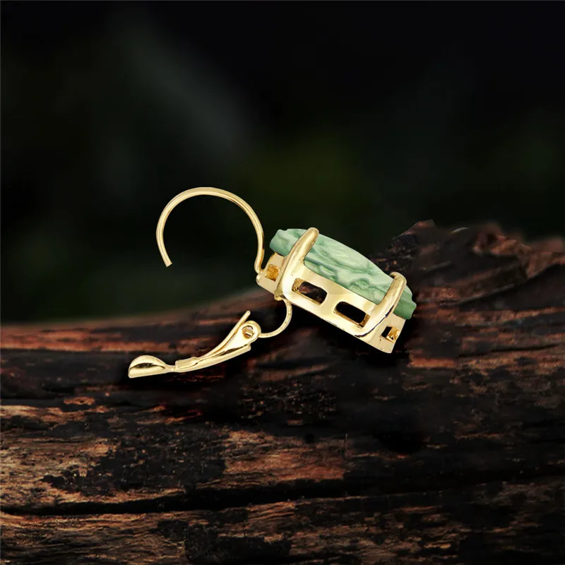 Green Flower Cameo Necklace Earrings Sets For Women Gold Color Oval Claw Pendant Fashion Jewelry