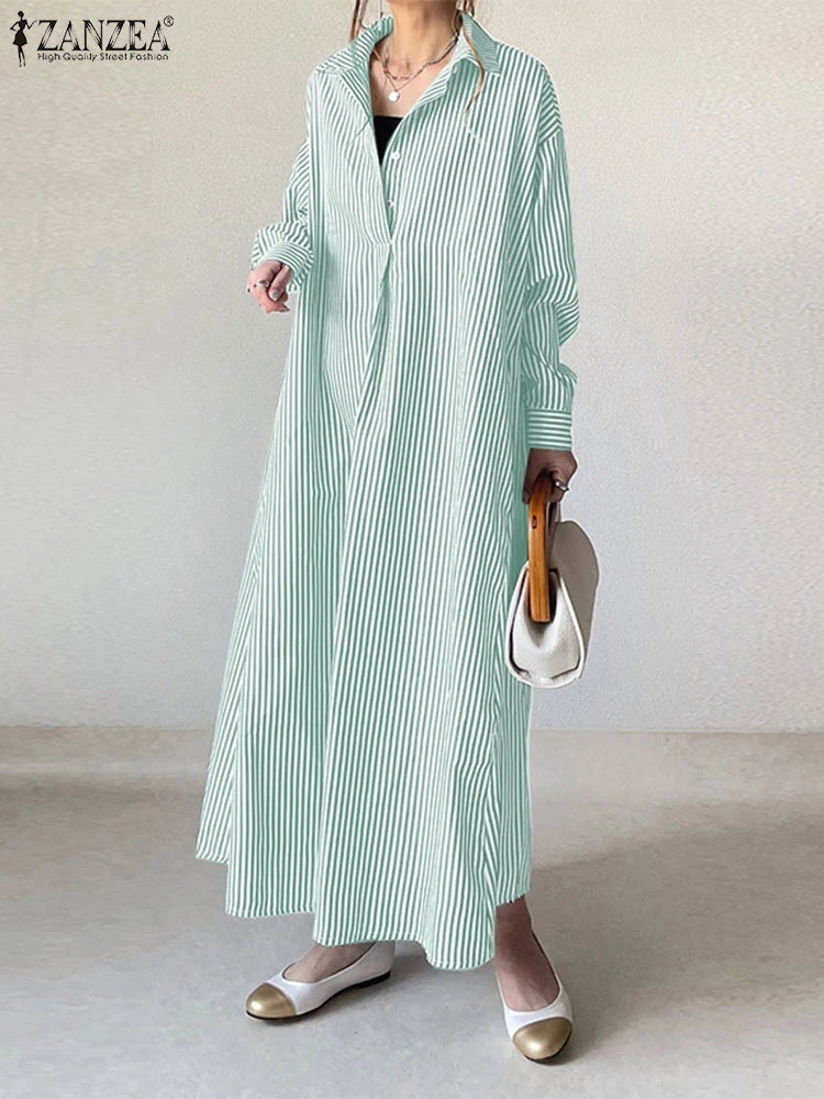 ZANZEA Oversize Fashion Women Striped Long Shirt Dress Autumn Lapel Neck Stylish Holiday Vestido Kaftan Casual Loose Sundress