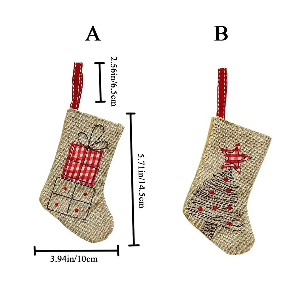 Linen Burlap Embroidery Christmas Stocking Reusable Hanging Christmas Decoration Decorative Small Christmas Gift Bag Fireplace