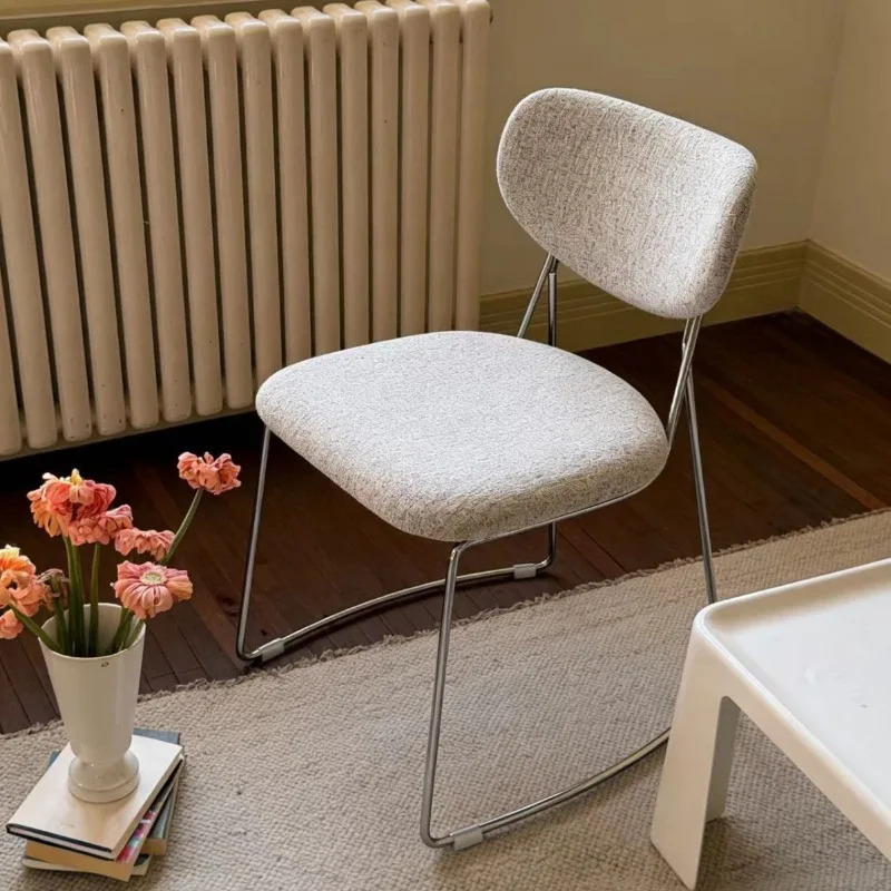 Modern Minimalist Metal Upholstered Dining Chair, Fabric Backrest Home Seat, Nordic Mid-Century Retro Style, Comfortable