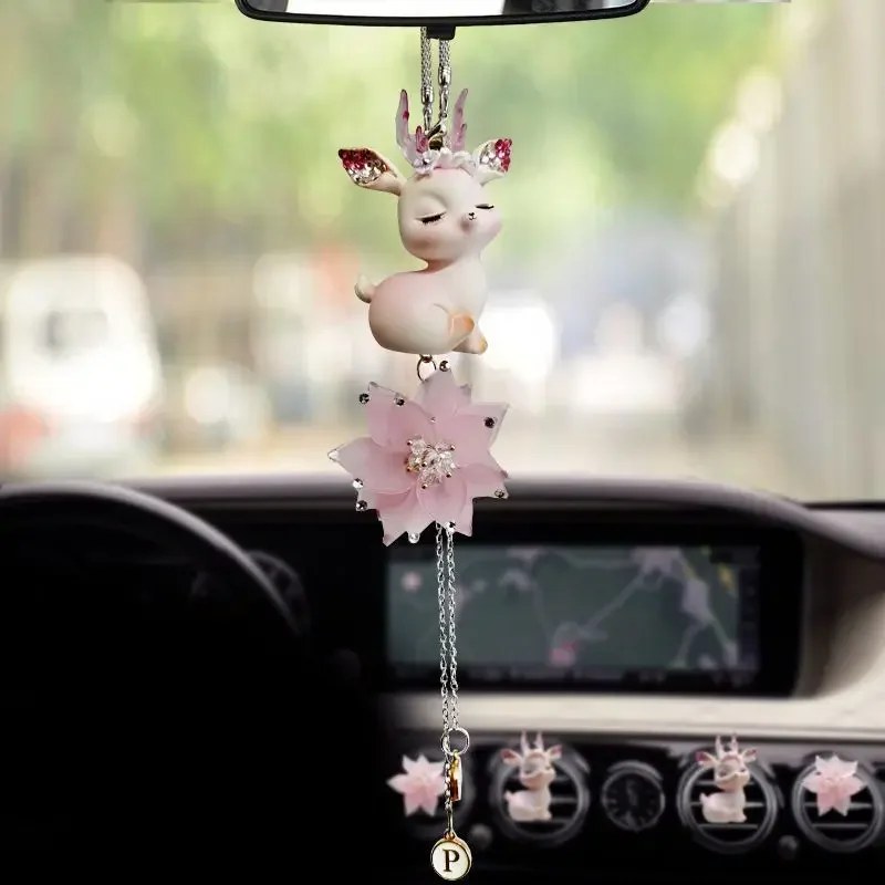 Car Rearview Mirror Hanging Pendant Cute Deer Model for Girls Gift Car Accessories Interior Adorn Creative Decors