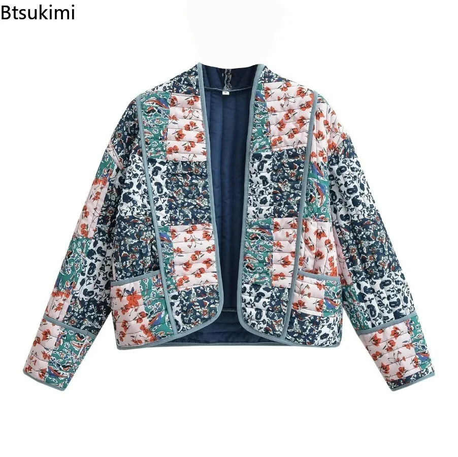 2024Women\'s Casual Warm Jacket Autumn Winter Floral Print Quilted Reversible Cotton Coat Cardigan Long Sleeve Streetwear Jackets