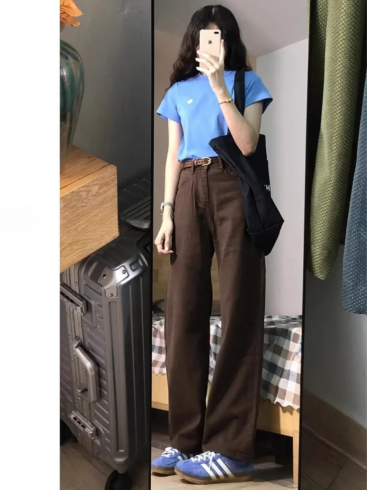 ارتفاع الخصر واسعة الساق الجينز المرأة اللون البني الخريف جديد Sle فضفاض مستقيم الطابق طول السراويل تخفيف خمر Waed