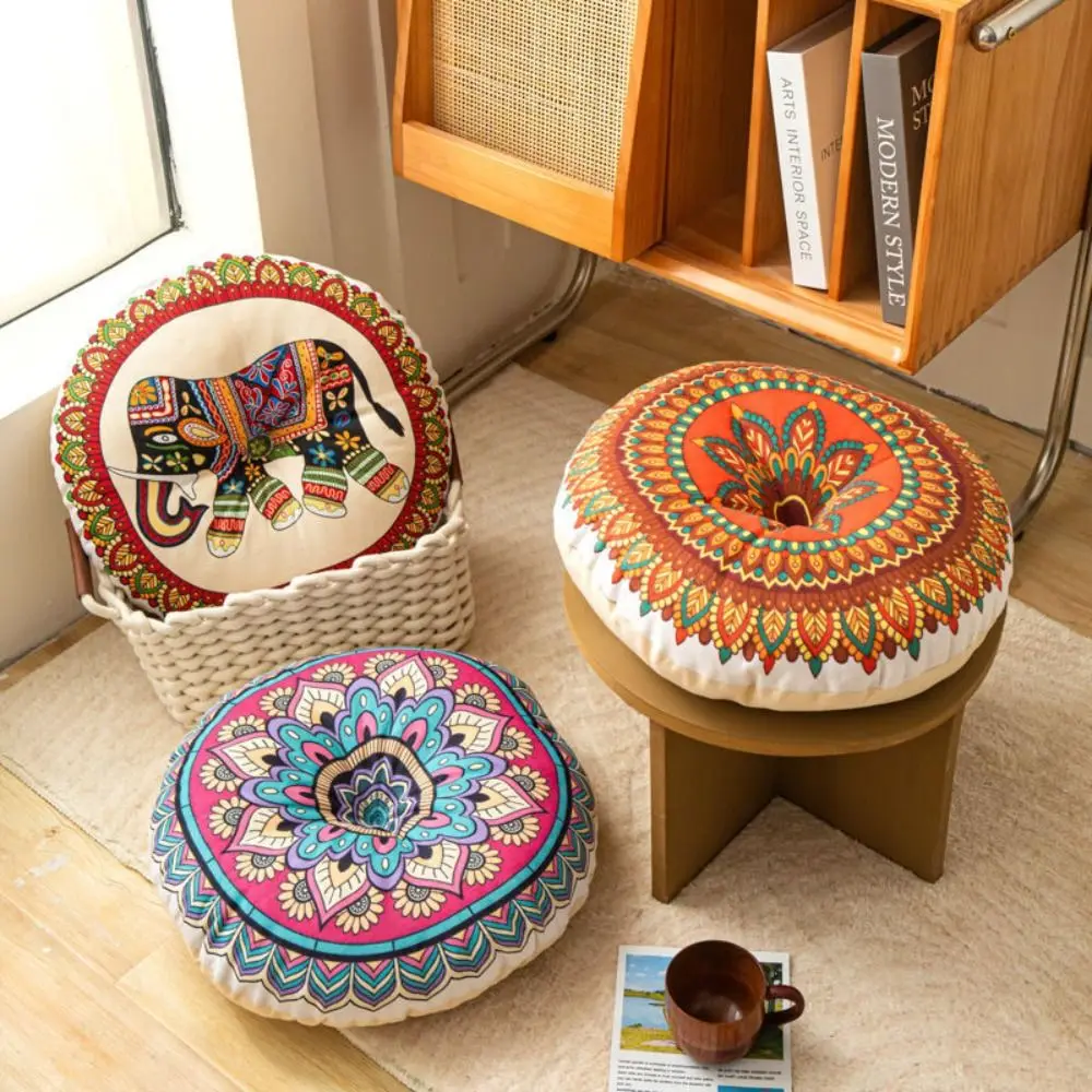 40cm Thick Round Futon Tatami Cushion Cotton and Linen Floor Mat Bohemian Style Cushions Breathable Home Double-sided Cushions