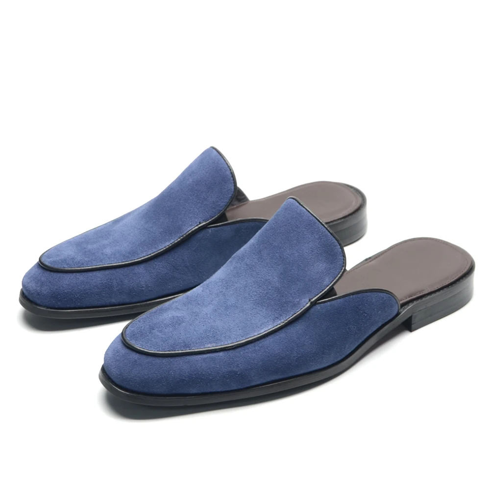 Men's Blue Suede Leather Slide Sandals Genuine Cowhide Rubber Sole Slip-Ons Casual Summer Mules Footwear Comfort Breathable 2025