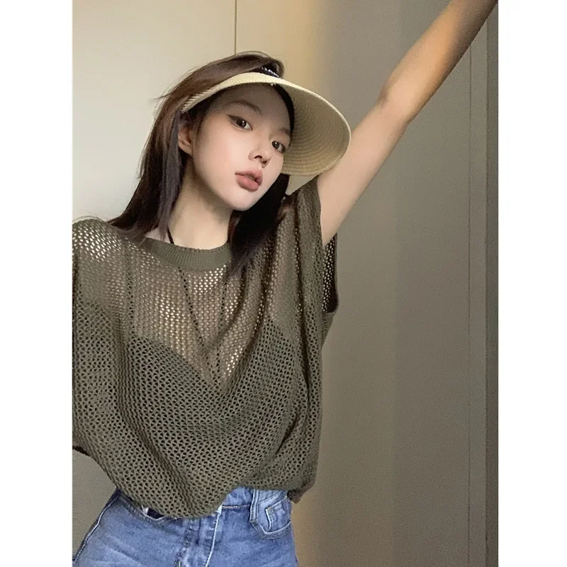 

Short Sleeved T-Shirt, Women's Summer Hollow Out Ice Silk Knitted Sweater, Loose And Slimming Casual Versatile Outerwear
