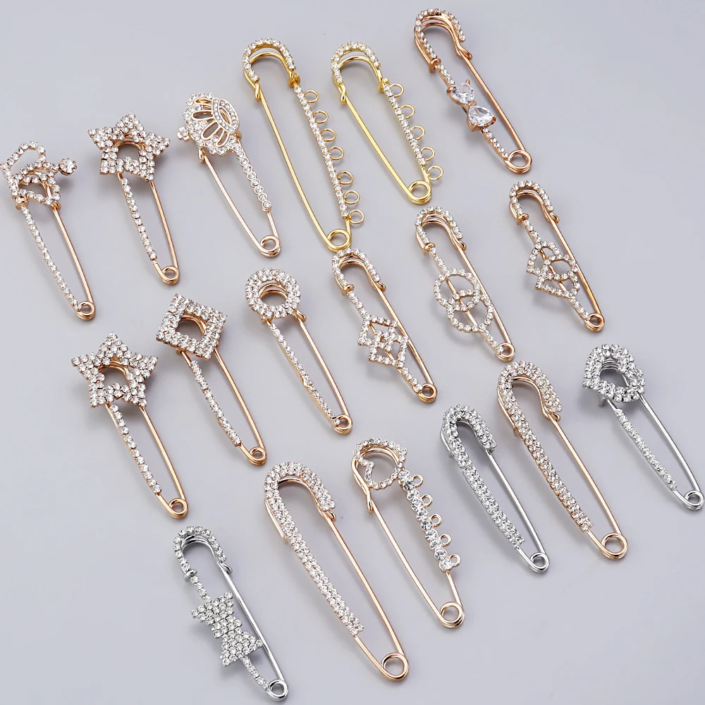 2pcs/Lot Rhinestones Gold Plated Crystals Elegant Brooche Bow Large Pins Brooch For Women Dress Safety Pin Brooches Wholesale