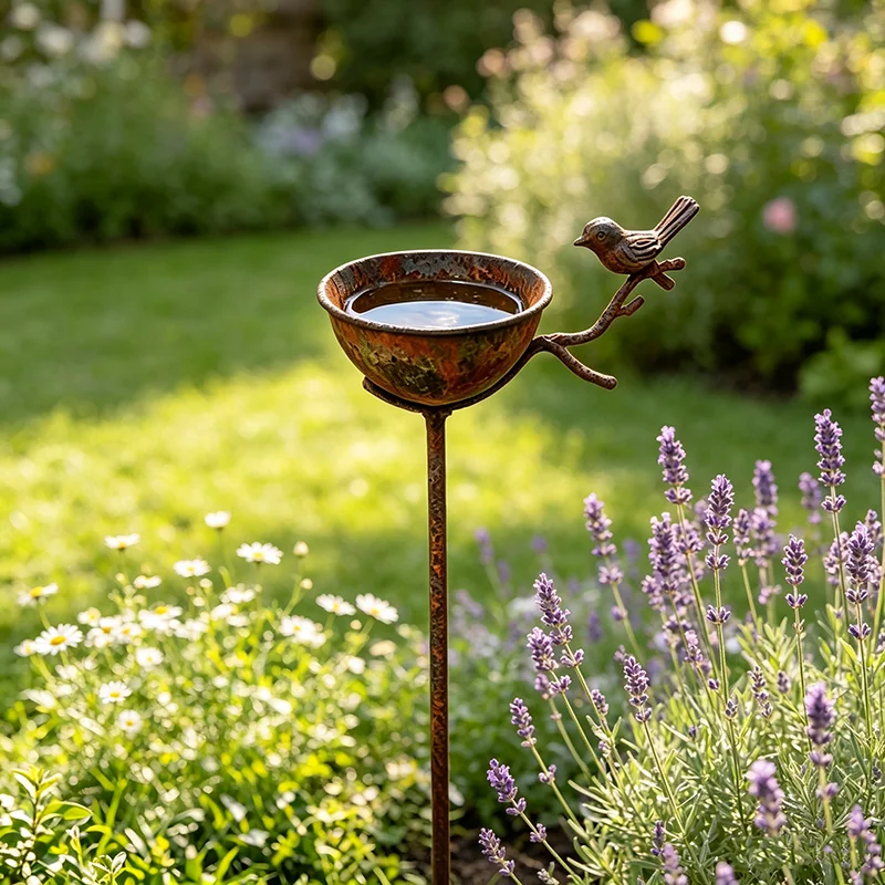 Retro-Metall-Bodenspieß Zwei-in-Eins-Vogelfutter- und Wassernapf - Rustikale Oberfläche für Außen-, Garten-, Rasen- und Terrassendekoration – Detail 5