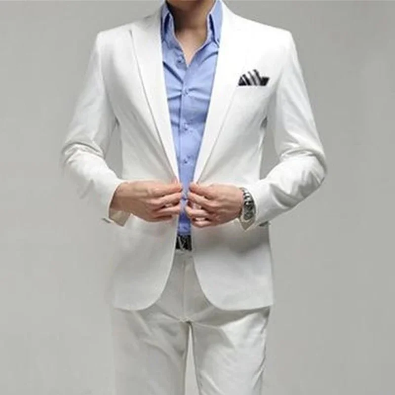 White Business Formal Men Suits for Groom Two Piece Peaked Lapel Custom Made Wedding Txuedos (Jacket + Pants)