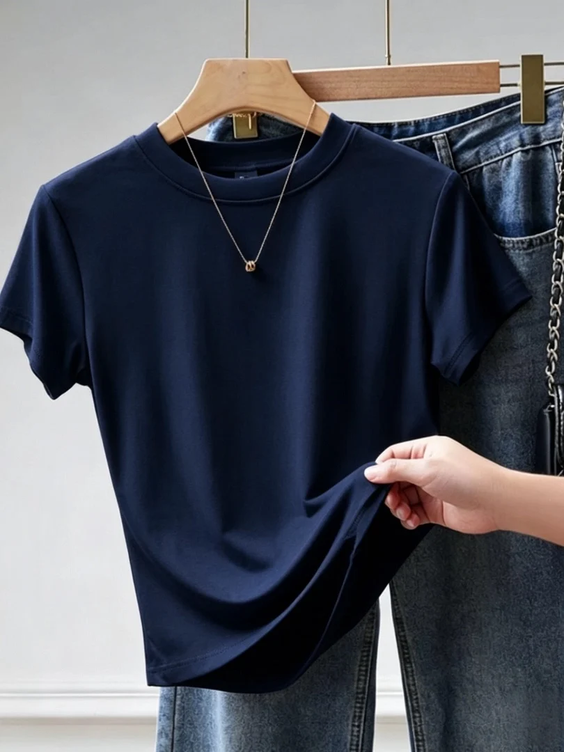 Slim Fit round Neck Short Sleeve T-Shirt 95 Cotton Base Shirt Shoulder Appropriate Summer New Style plus Size Women's Top