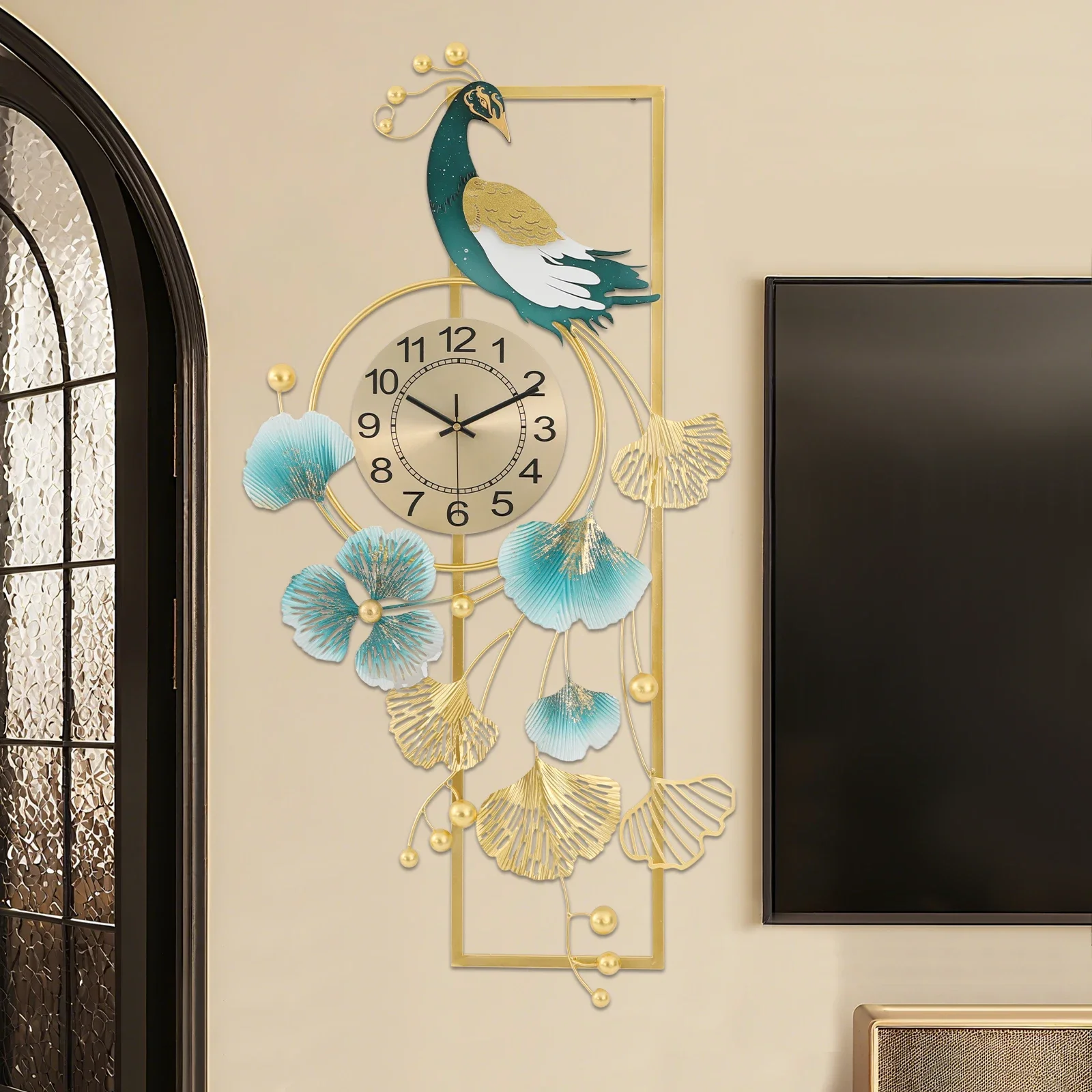 

Wall Clock, Peacock & Ginkgo Leaves Wall Clock, Modern Wall Clock