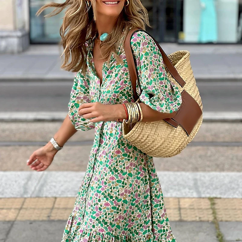 Pattern Print Loose Dress Spring Women Lantern Sleeve Long Dress Casual Ladies Single-breasted Cardigan Dresses