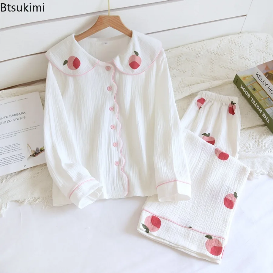 2026 Spring Women's Pajamas Crepe Cloth Doll Collar Cute Sleepwear for Women Washed Cotton Yarn Long Sleeved Pants Home Wear Set