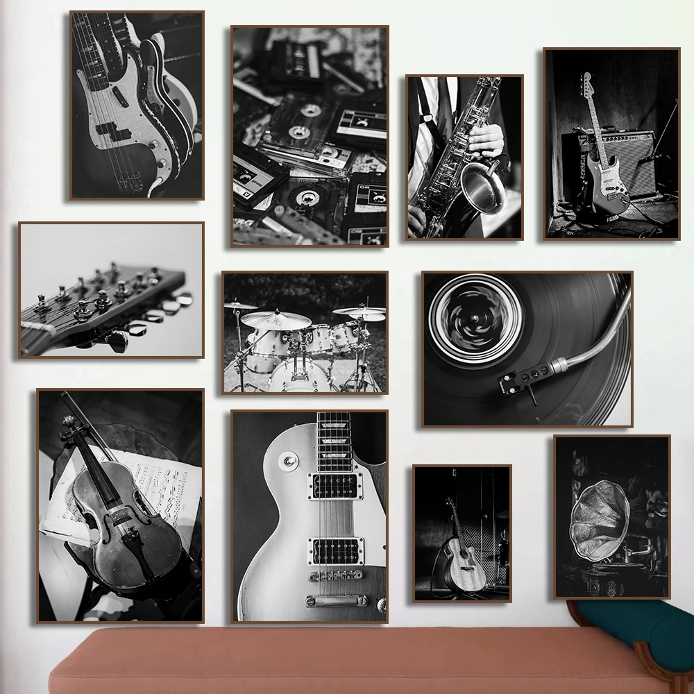 Black And White Photo Drums Guitar Records Albums Violin Canvas Painting Music Poster For Living Room Home Decor Cuadros Gift-image