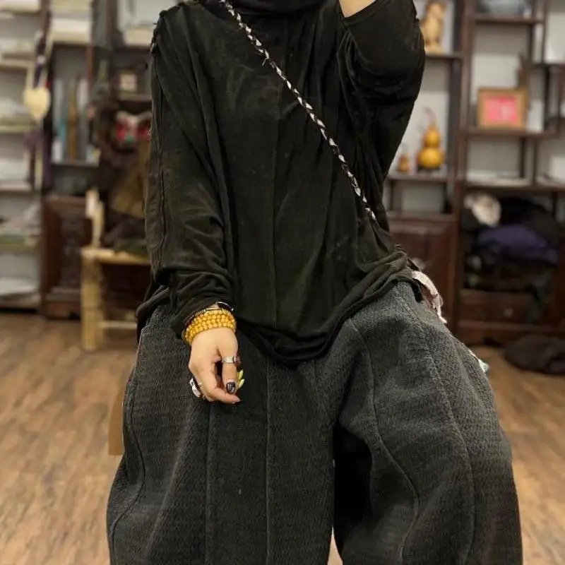 الخريف الشتاء الفنون نمط المرأة طويلة الأكمام فضفاضة الياقة المدورة القمم تيز الإناث عادية المرقعة تصميم تي شيرت جودة عالية F129 #3