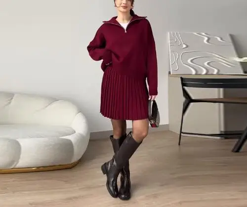 

Women's Fashion Zipper Collar Solid Color Folded Skirt Set 2025 New Style Elegant Casual Outfit for Ladies