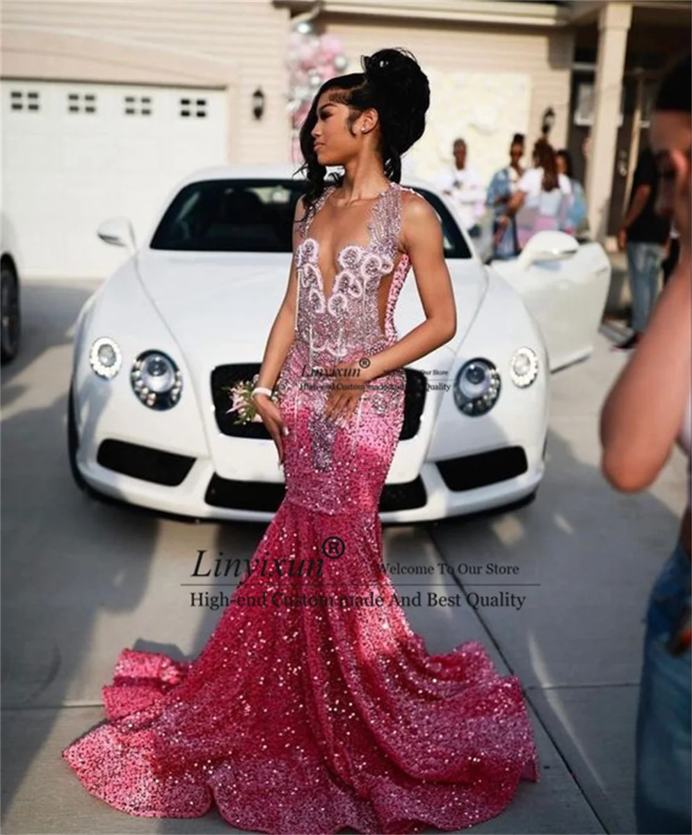 

Shiny Pink Sequin Prom Dresses For Black Girls African Silver Beaded Crystal Birthday Party Customized Evening Dress Cocktail