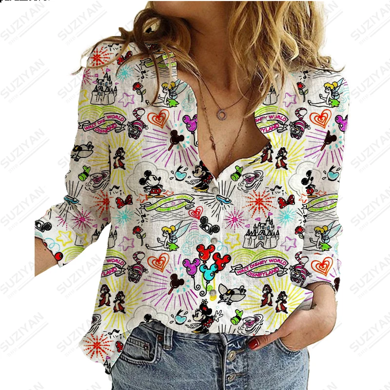 2023 New Disney Harajuku Slim Fit 3D Printing Women\'s Button Loose Long Sleeve Lapel Casual Cute Shirt Plus Size Y2K Michimini