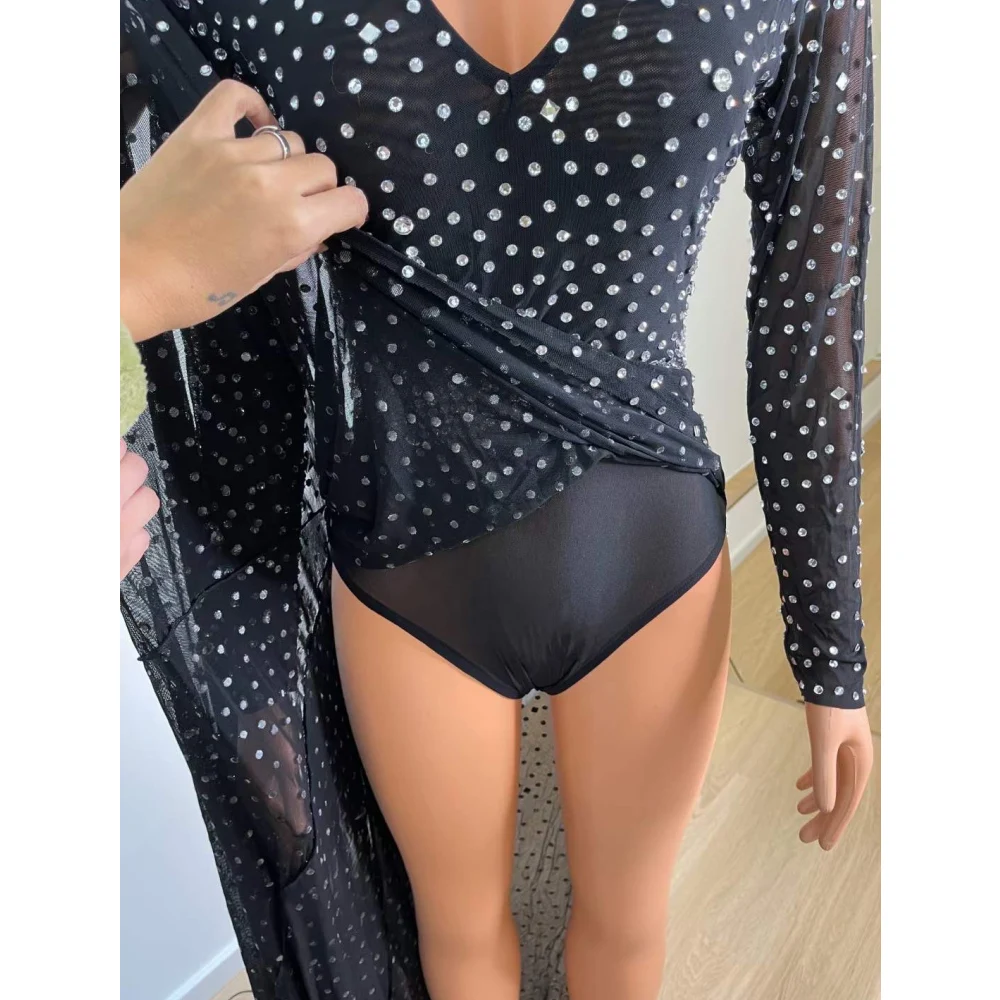 Multicolored Shining Rhinestones Long Sleeve Sexy Split Women Dress Evening Banquet Clothing Model Costumes Ballroom Wears