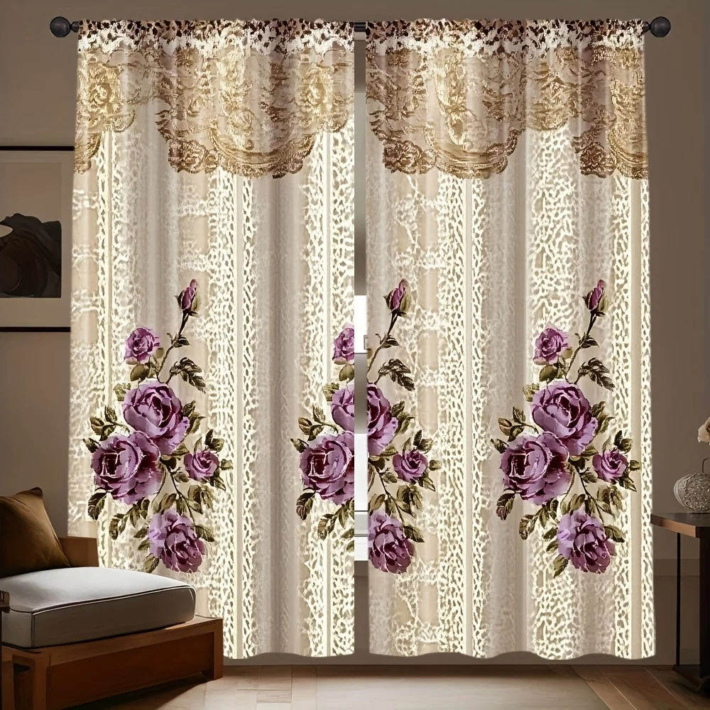 Victorian Luxury Purple Rose Gold Floral Pattern Curtains Window Drapes Elegant Living Room Bedroom House Decor