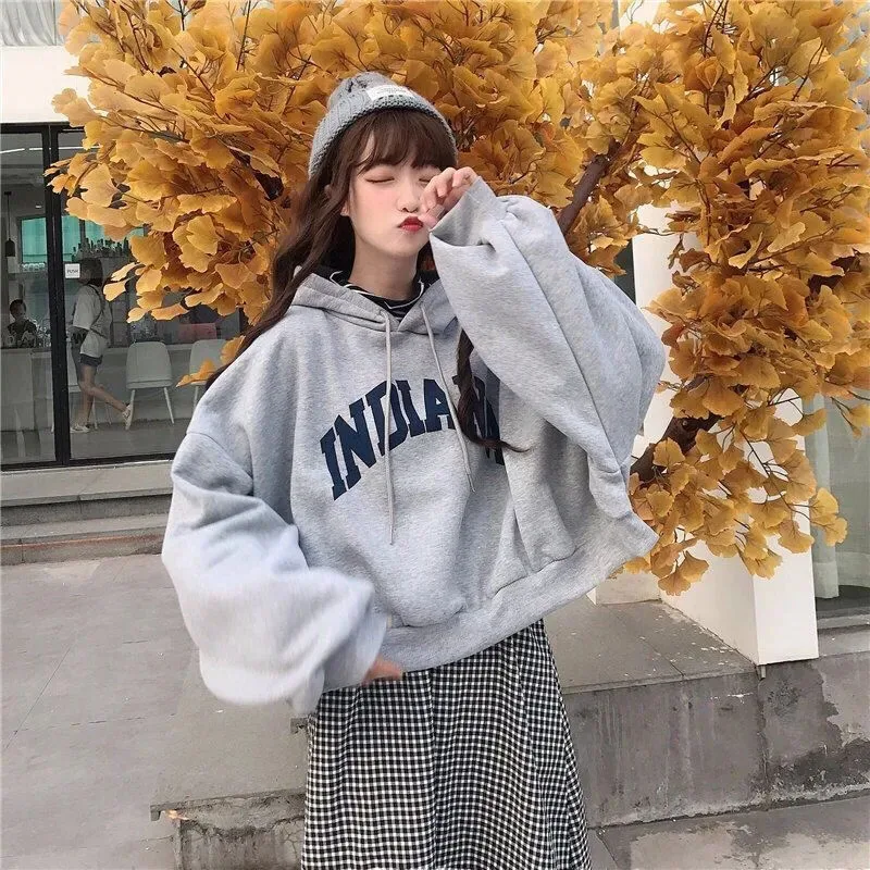 Autumn Thick Women Hoodies Fashion Loose Fake Two Piece Letter Printing Tops Harajuku Warm Preppy All Match Crop Sweatshirts