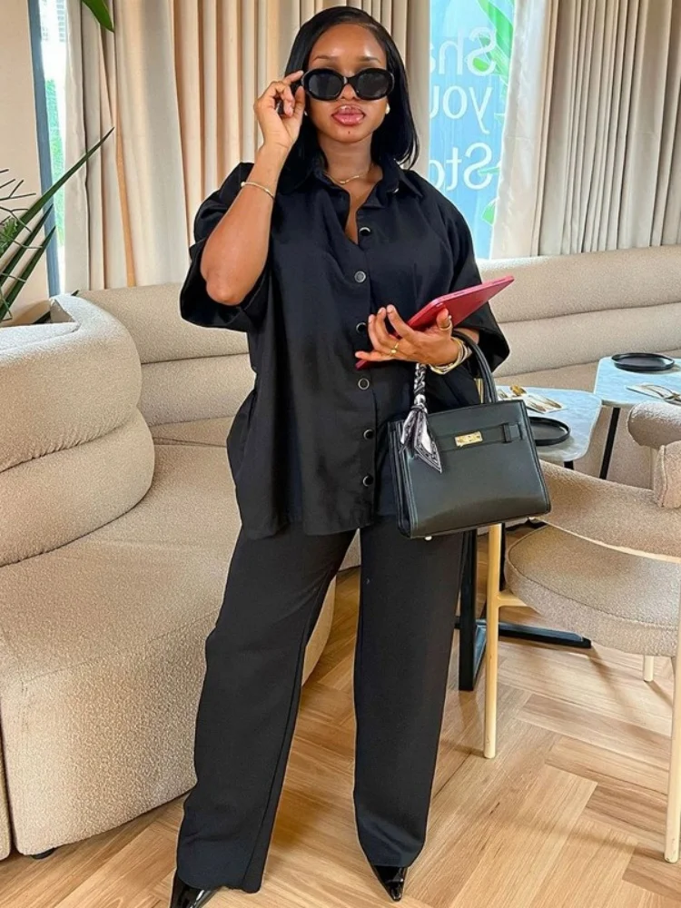 Wmstar Two Piece Set Women Wholesale Shirt Wide Leg Trousers  African Style Women's Clothing Pants Sets Button Matching Suit