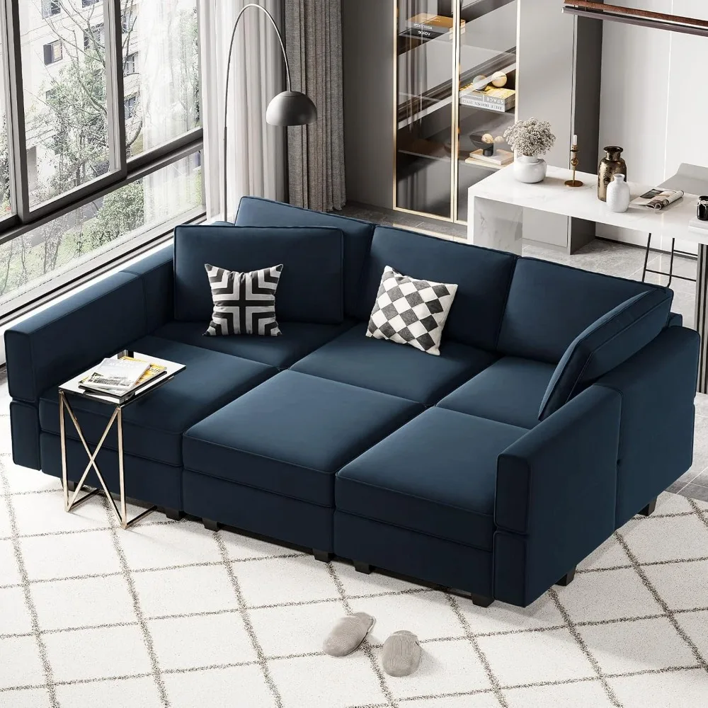 Velvet Sectional Sofa with Chaise Lounge Sectional Sleeper Couch with Storage Chaise Sofa Bed Couch living room sofas，Blue