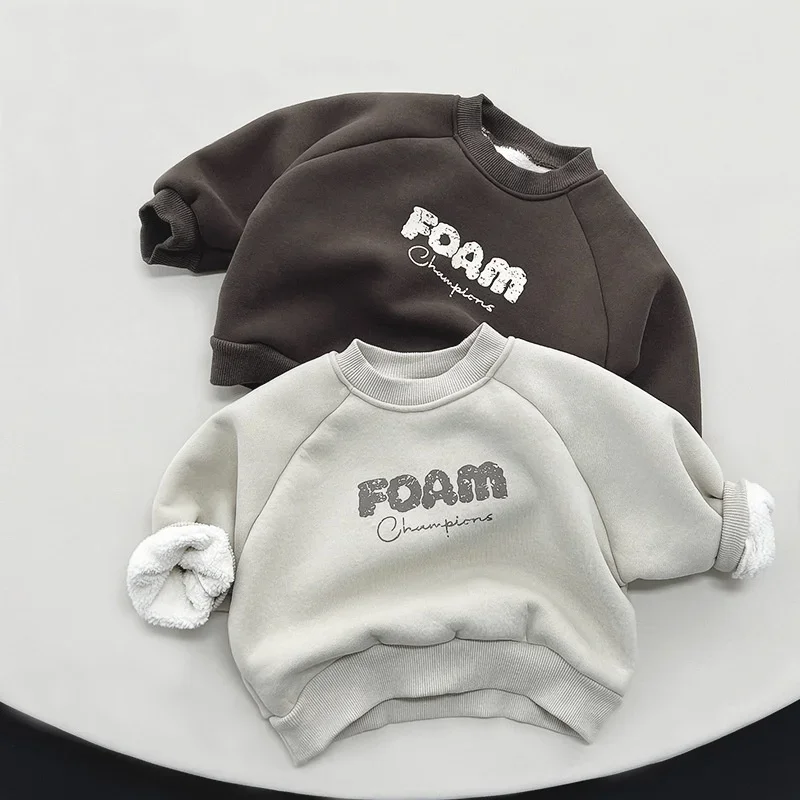 

Unisex Boys Girls Kids Fleece Lined Sweatshirt Winter Cotton Thermal Pullover Letter Print Casual Top Children Clothes
