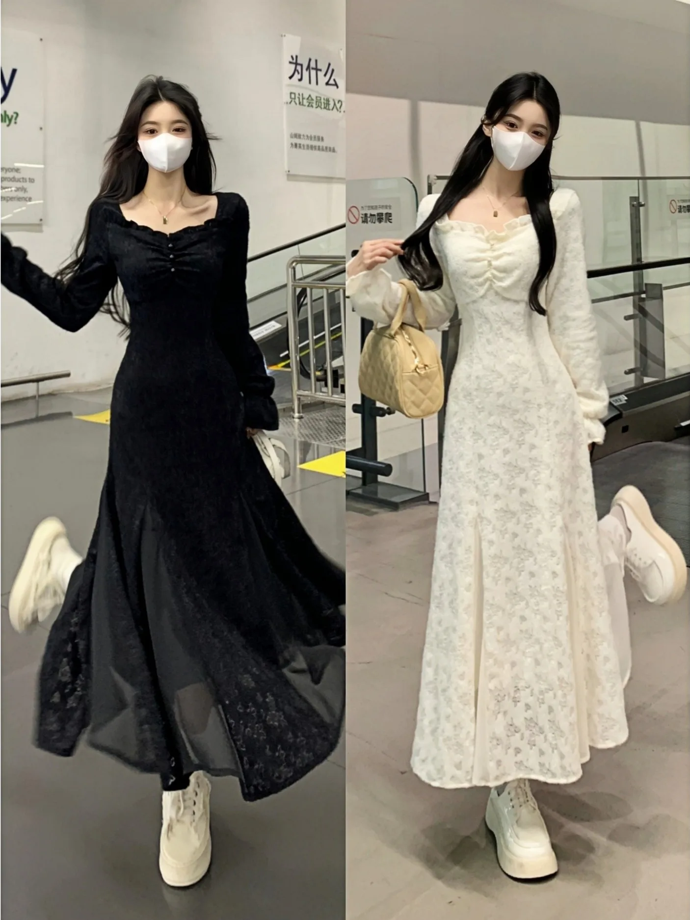 

Элегантное кружевное платье-русалка с рюшами, женское тонкое платье трапециевидной формы с квадратным вырезом и длинными рукавами, осенняя универсальная рабочая одежда