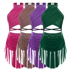 Kids Girls Latin Jazz Dance Costume Halter Rhinestone Strappy Backless Leotard Figure Skating Bodysuit Dress Lyrical Dancewear