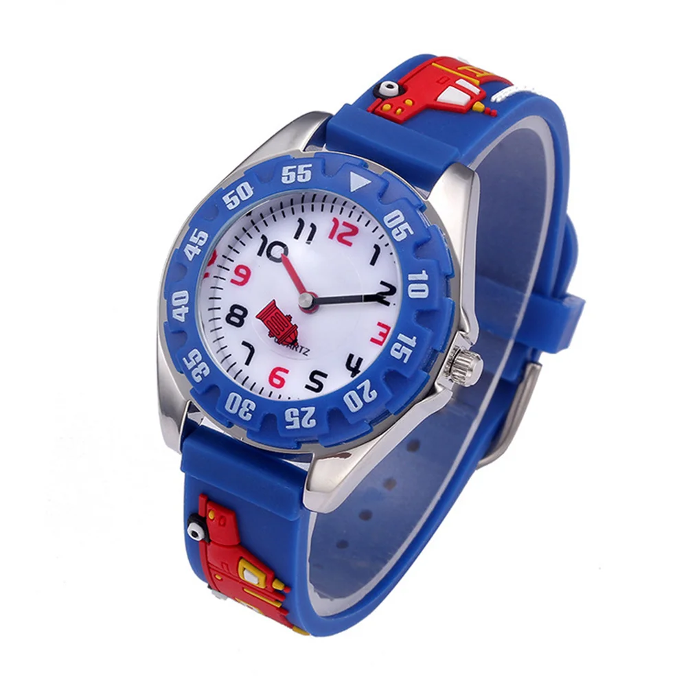 Blue 3D Cartoon Quartz Watch Waterproof Rubber Strap Fire Fighting Truck Theme Large Round Dial Time Clock for