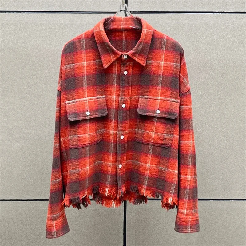 Women's shirt New winter washed tassel collar long sleeved top for 2025 Single breasted loose plaid Women's blouse y2k thin coat