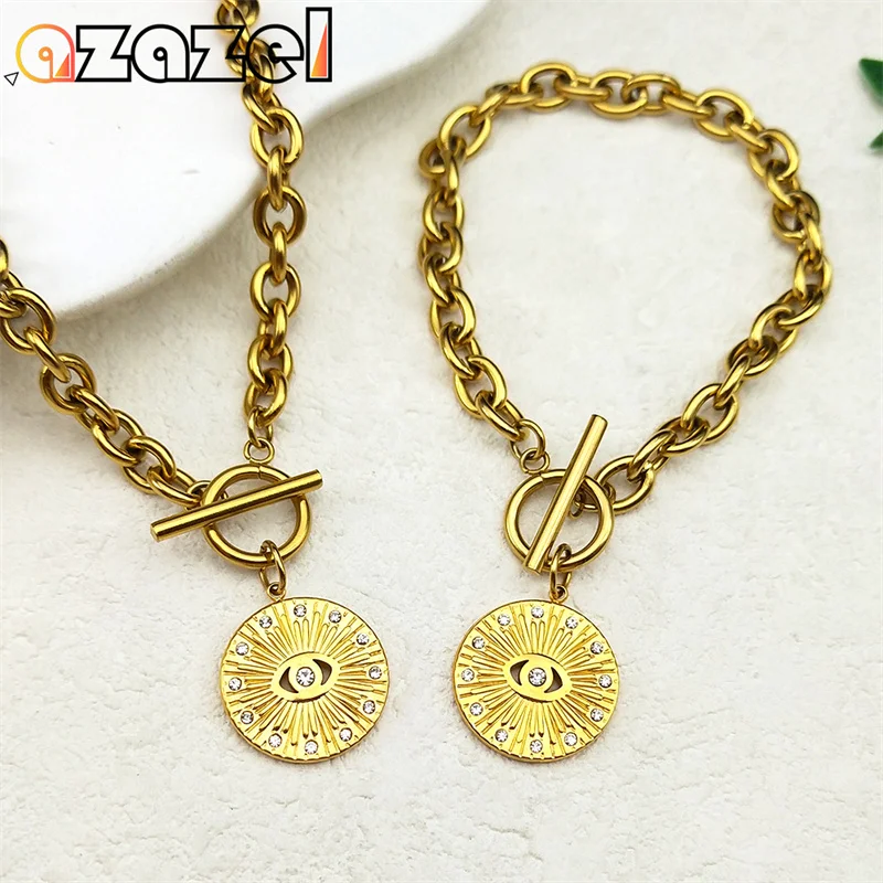 

Rhinestones Devil Eye Pendant Jewelry Set for Men Women Stainless Steel Crystal Evil Eye Gold Color Necklace Bracelets Sets