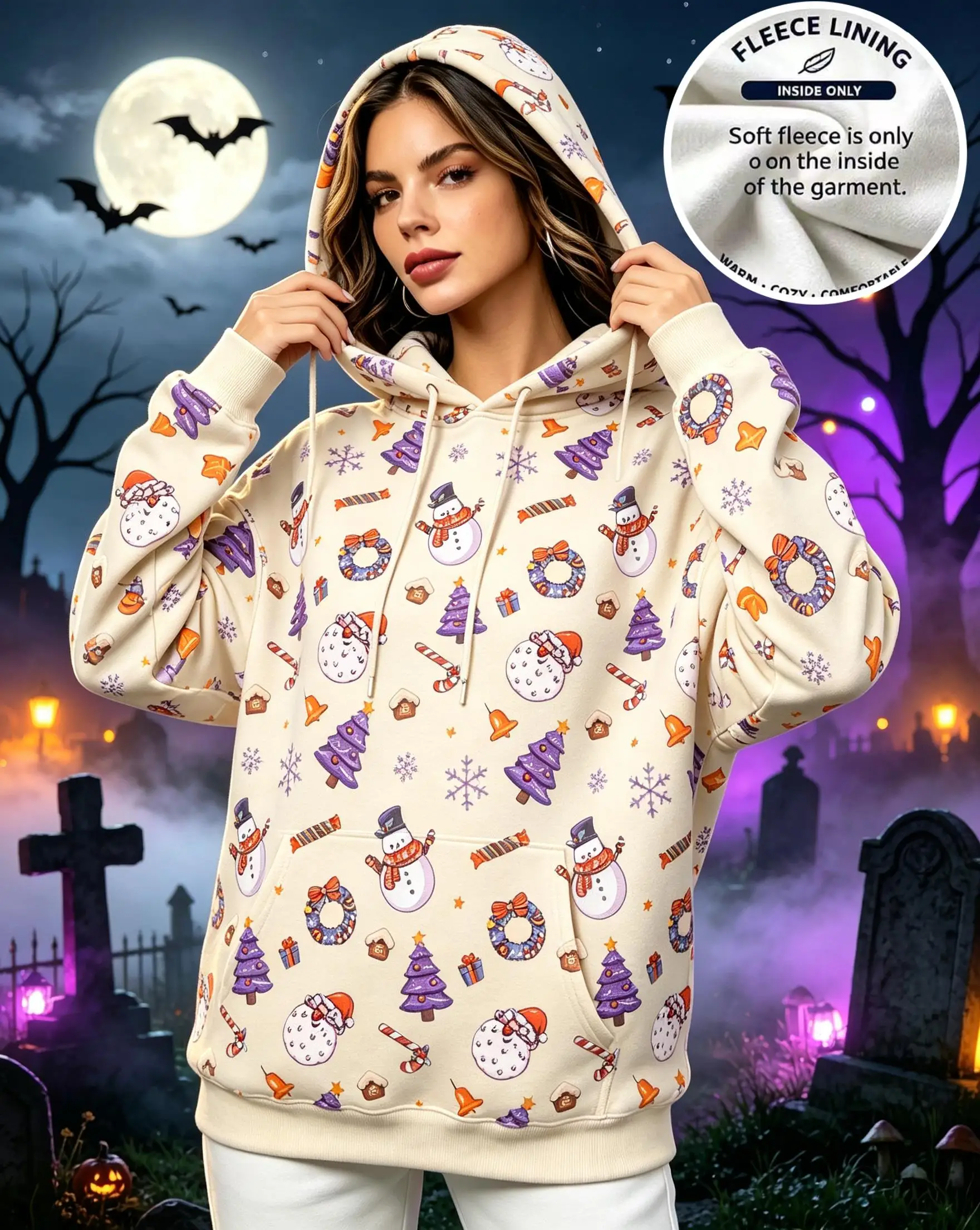 Women Christmas Allover Snowman Xmas Tree Wreath Snowflake Fleece Hoodie Cream Pocket Sweatshirt