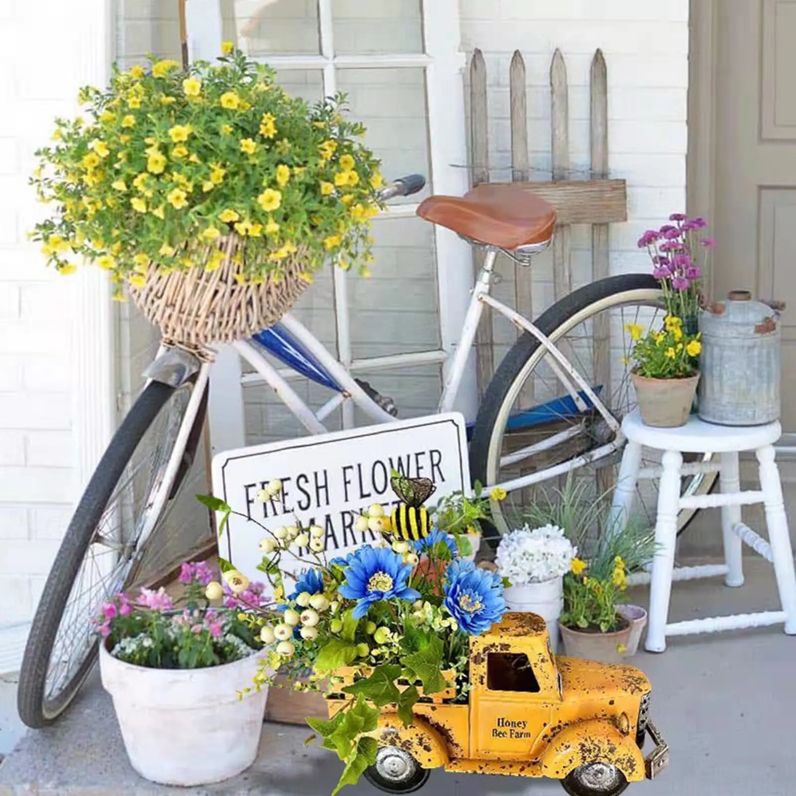 Creative new retro yellow small truck with flower display, indoor porch resin handicraft decorations