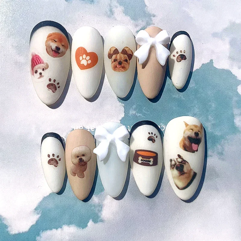 

Lovely Dog Design Handmade False Nails Press On Nail Coffin Frosted Almond Fake Nail With Glue Customized Reusable Nail Tips Art