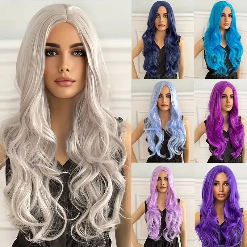 Fashionable anime-style colorful , middle-parted large wavy long curly hair cosplay wig